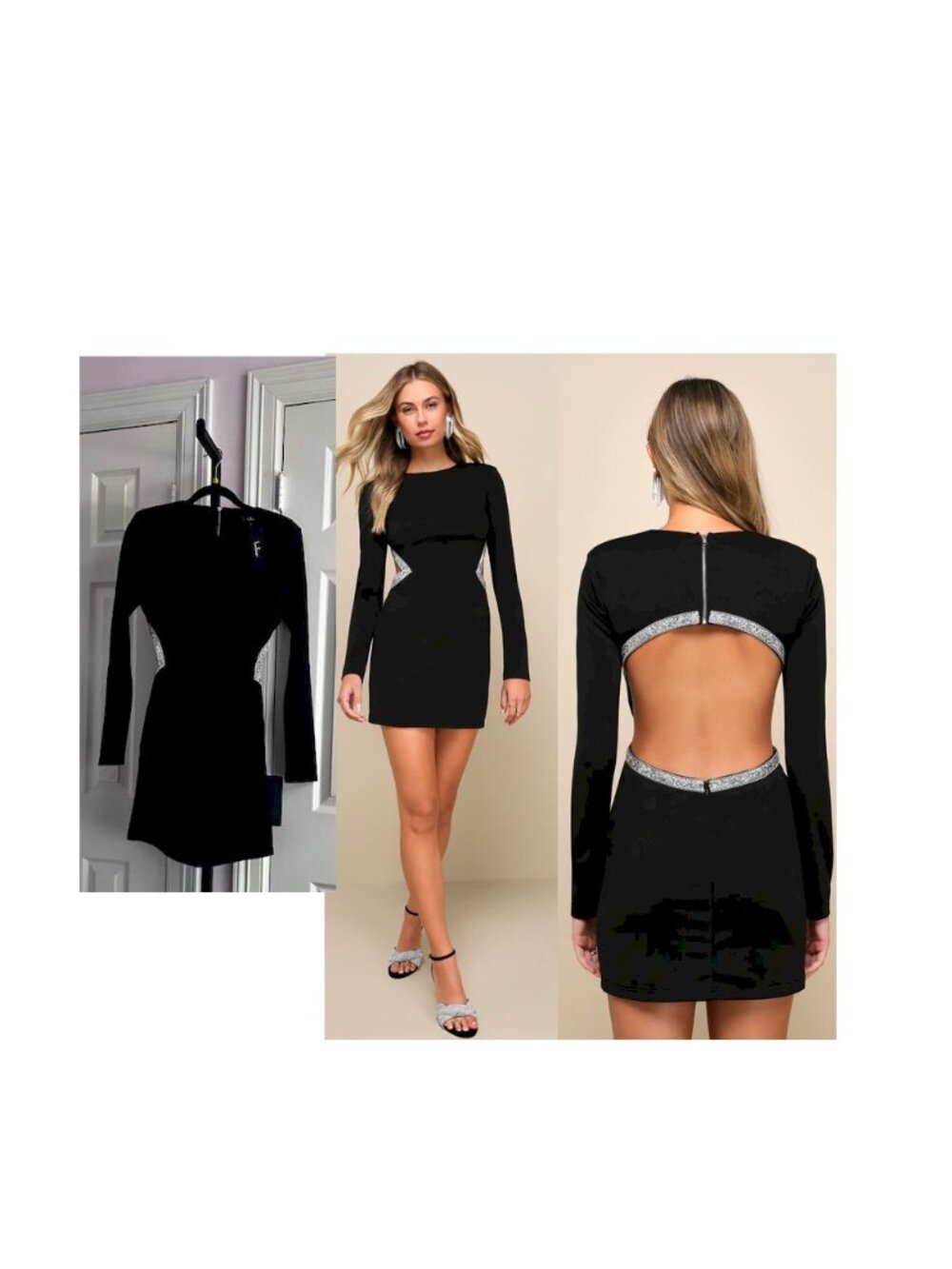 Lulus Sparkling Stunner Black Rhinestone Cutout Long Sleeve Mini Dress Medium